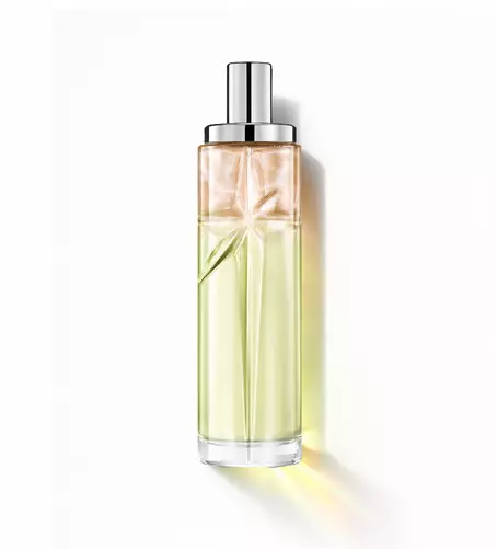 Delizia cremosa: flacone alto con sfumatura verde e ambra su sfondo bianco.