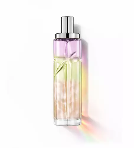 Yummy Swirl: flacone alto con sfumatura viola, verde e arancione su sfondo bianco.