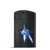Flacone nero di fragranza A*Men di Mugler con stella blu su sfondo grigio chiaro