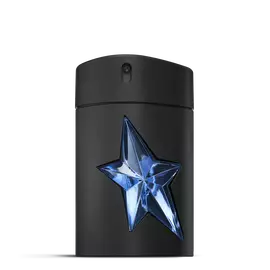 Flacone nero di fragranza A*Men di Mugler con stella blu su sfondo grigio chiaro