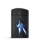 Flacone nero di fragranza A*Men di Mugler con stella blu su sfondo grigio chiaro