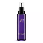 Flacone ricarica di fragranza Alien di Mugler con pompa nera su sfondo bianco