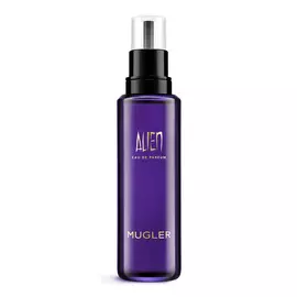 Flacone ricarica di fragranza Alien di Mugler con pompa nera su sfondo bianco