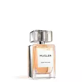 Mugler Les Exceptions Over The Musk Eau de Parfum in elegant clear rectangular bottle with beige label on white background