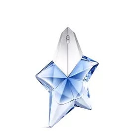Flacone di fragranza Angel di Mugler a forma di stella blu con tappo argentato su sfondo grigio chiaro