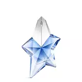 Flacone di fragranza Angel di Mugler a forma di stella blu con tappo argentato su sfondo grigio chiaro