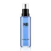 Flacone ricarica blu A*Men Eau de Toilette con tappo spray nero su sfondo bianco.