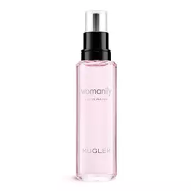 Flacone ricarica della fragranza Pink Mugler Womanity con pompa nera su sfondo bianco