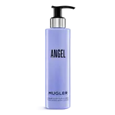 Flacone di latte corpo con la fragranza Angel di Mugler su sfondo grigio chiaro.