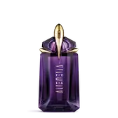 Flacone viola di fragranza Alien di Mugler su sfondo grigio chiaro