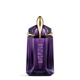 Flacone viola di fragranza Alien di Mugler su sfondo grigio chiaro