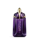 Flacone viola di fragranza Alien di Mugler su sfondo grigio chiaro