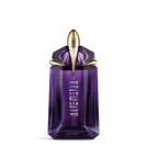 Flacone viola di fragranza Alien di Mugler su sfondo grigio chiaro
