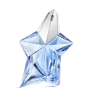 Flacone di fragranza Angel di Mugler a forma di stella blu con tappo argentato su sfondo grigio chiaro