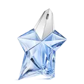 Flacone di fragranza Angel di Mugler a forma di stella blu con tappo argentato su sfondo grigio chiaro
