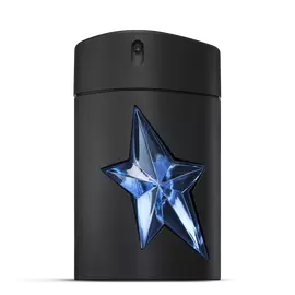 Flacone nero di fragranza A*Men di Mugler con stella blu su sfondo grigio chiaro