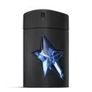 Flacone nero di fragranza A*Men di Mugler con stella blu su sfondo grigio chiaro