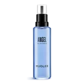 Flacone ricarica di eau de parfum Angel Mugler blu con pompa nera su sfondo bianco
