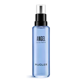 Flacone ricarica di eau de parfum Angel Mugler blu con pompa nera su sfondo bianco